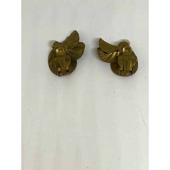 Vintage Gold Tone & Enamel Faux Pearl Leaf Clip On Earrings - Picture 7 of 7